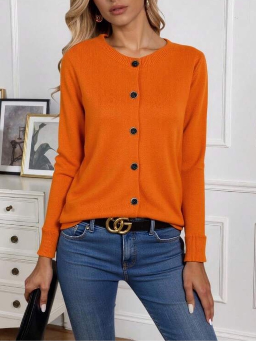 Orange  Button-Front Cardigan - Picture 4 of 6